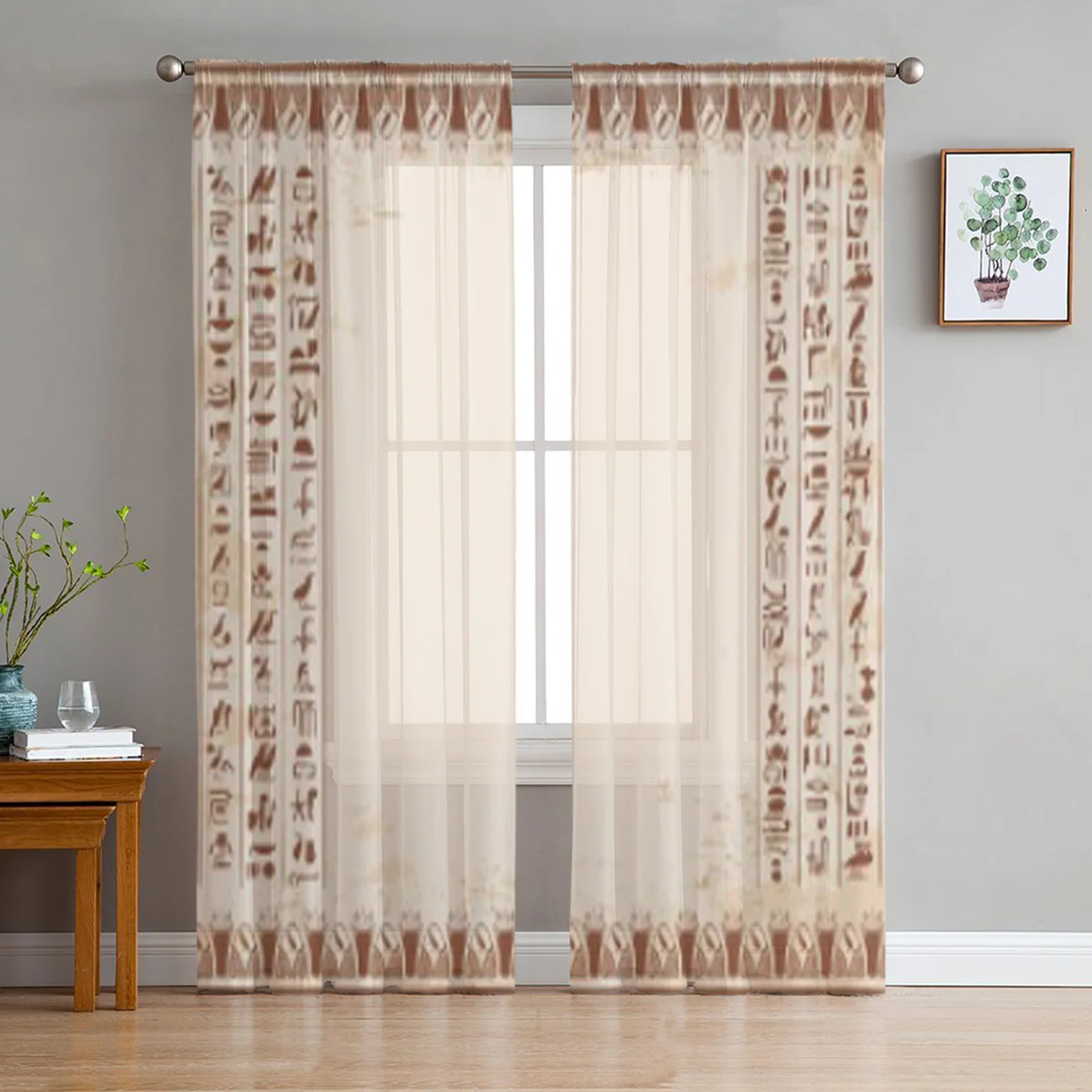 Egyptian Ornaments Hieroglyphs Sheer Curtains For Living Room