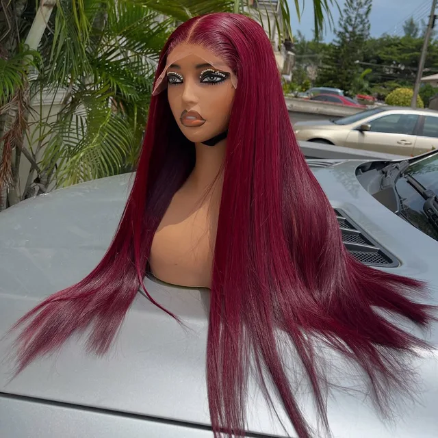 Straight Red 99J Burgundy Color Synthetic 13X4X1 HD Lace Frontal Wig Prepucked Baby Hair Bleach Knots Glueless Wig Daily Party 5