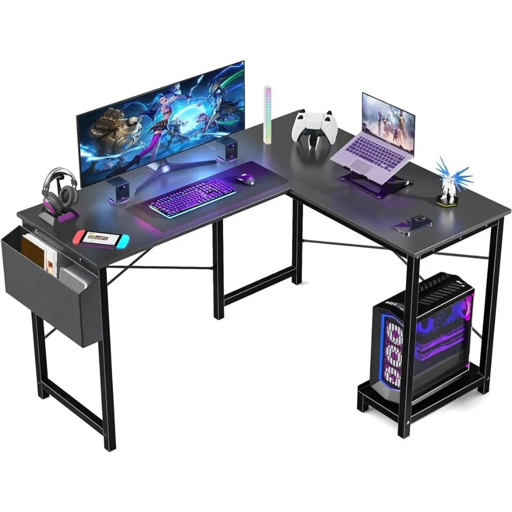 

Bureau Gaming Pc L Shaped Computer Desk Wood Corner PC Gaming Table With Side Storage Bag for Home Office Small Spaces Black