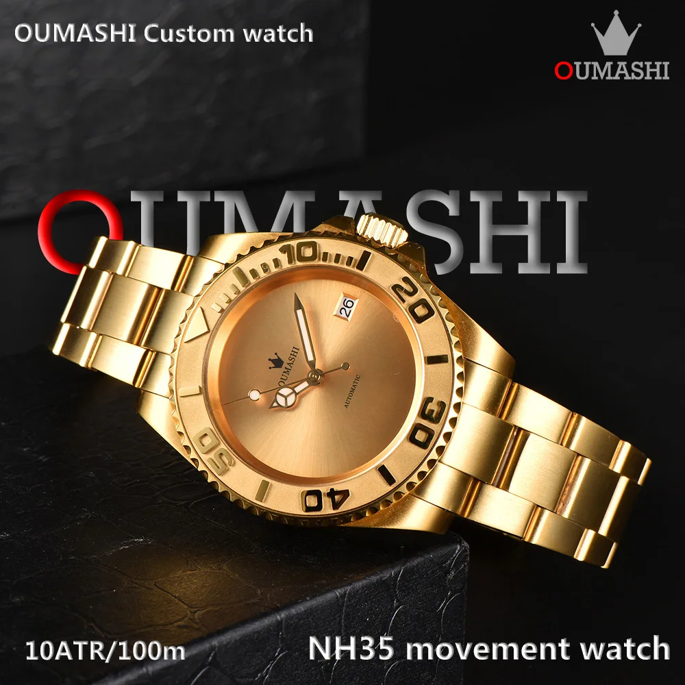 

Men's watch NH35 movement gold steel strap sapphire crystal luminous dial automatic gold waterproof Mod aseptic watch