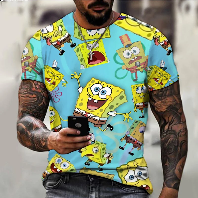 SpongeBob Cartoon Pattern Print Youth Harajuku Casual T-Shirt 2024 New Street Trend Versatile Men's Round Neck T-Shirt