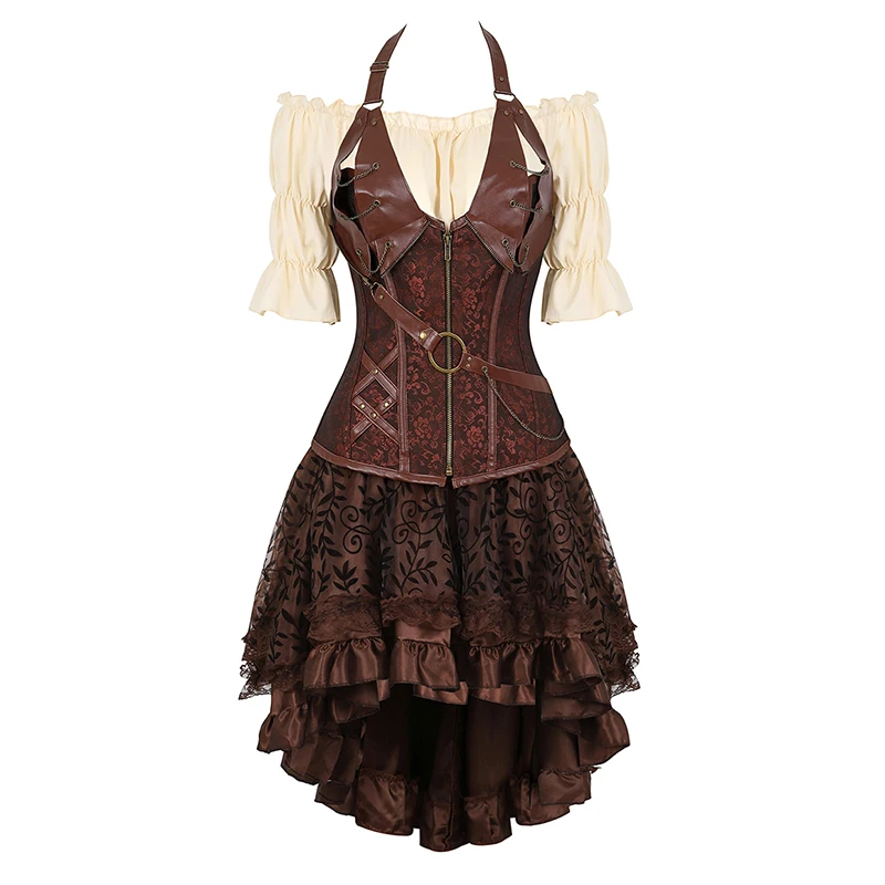 Steampunk Corset Dress Plus Size Gothic Corset and Bustier Skirt Three Piece Set Brown Women