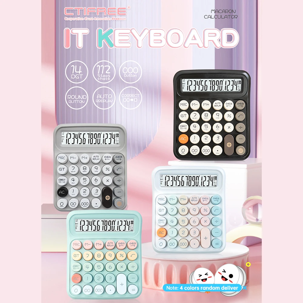 【Random color】14 Digit Large Solar Power and LCD Display Big Button Calculator 112 Steps Check and Correct Function for Office