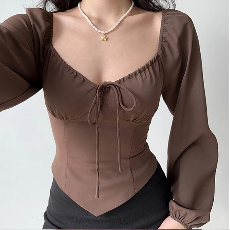 Spring Autumn New Solid Color Fashion Lantern Sleeve Blouse Women High Street Casual Slim Lacing Pleated All-match Pullovers