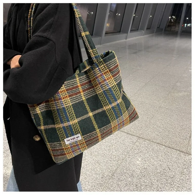 Tote Bag For Women Shoulder Bag Wool Shopper Bags Large Capacity Autumn Winter New Soft Plaid Ladies Travel Designer Handbag