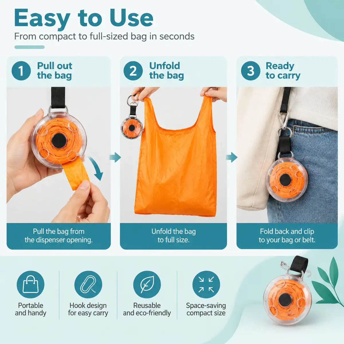Compact Foldable Shopping Bag Organizer with Hanging Clip - Reusable Tote for Home, Market, and Travel