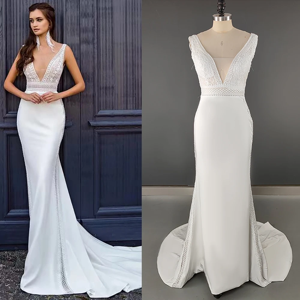 

Sheath Satin Floral Appliques Wedding Dress Drop Ship V Neck Open Back Sleeveless Mermaid Boho Custom Made White Bridal Gowns