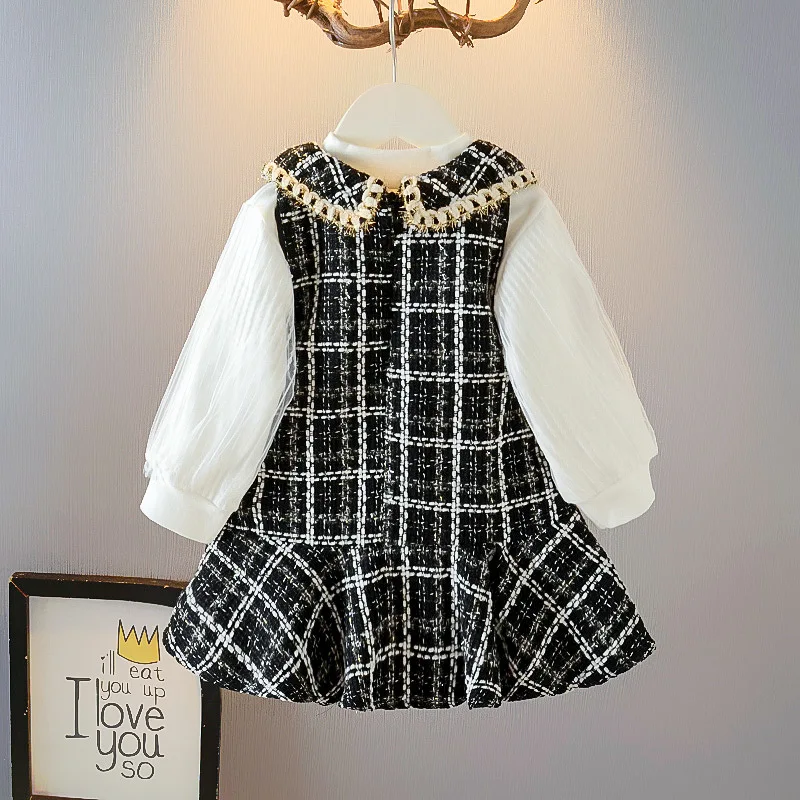 Menoea Girl Baby Elegant Plaid Dresses Kids Party Princess Autumn Costumes Fashion Long Sleeve Sweet Tweed Clothes With Bear Bag