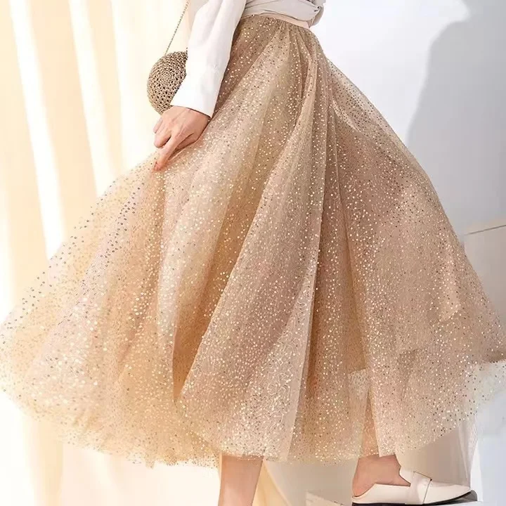 

2023 new Summer Tulle Skirt bling biling Sequin skirt High Waist long Skirt apricot Evening Party Skirt Women sparkling skirt