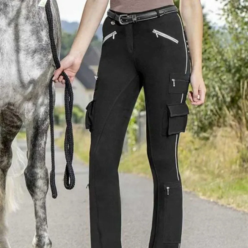 European American Women\'s Multi-pocket Diagonal Zipper Slimming Buttock Lifting Elastic Leisure Equestrian Horse Riding Pant