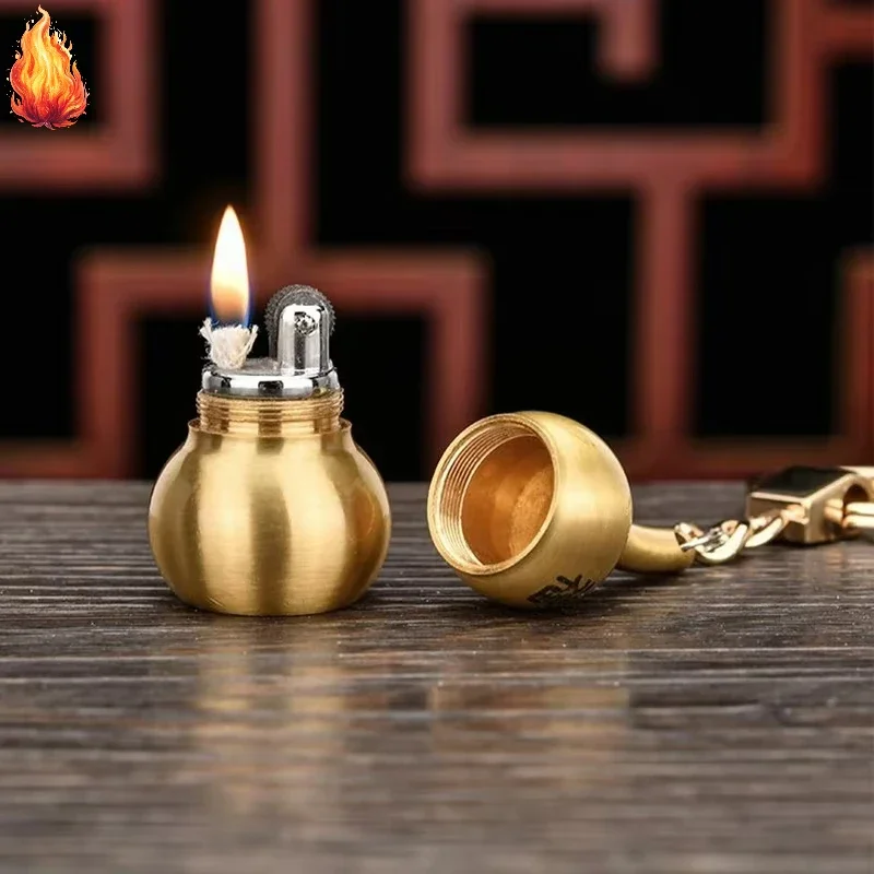 CHIEF Pure Copper Gourd Keychain Pendant Kerosene Lighter Personality Vintage Grinding Wheel Retro Portable Cigarette Lighter