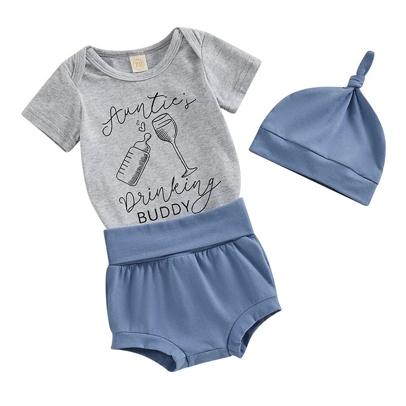 Baby Boys Shorts Set Letters Print Romper with Elastic Waist Shorts and Hat Summer Set Clothes