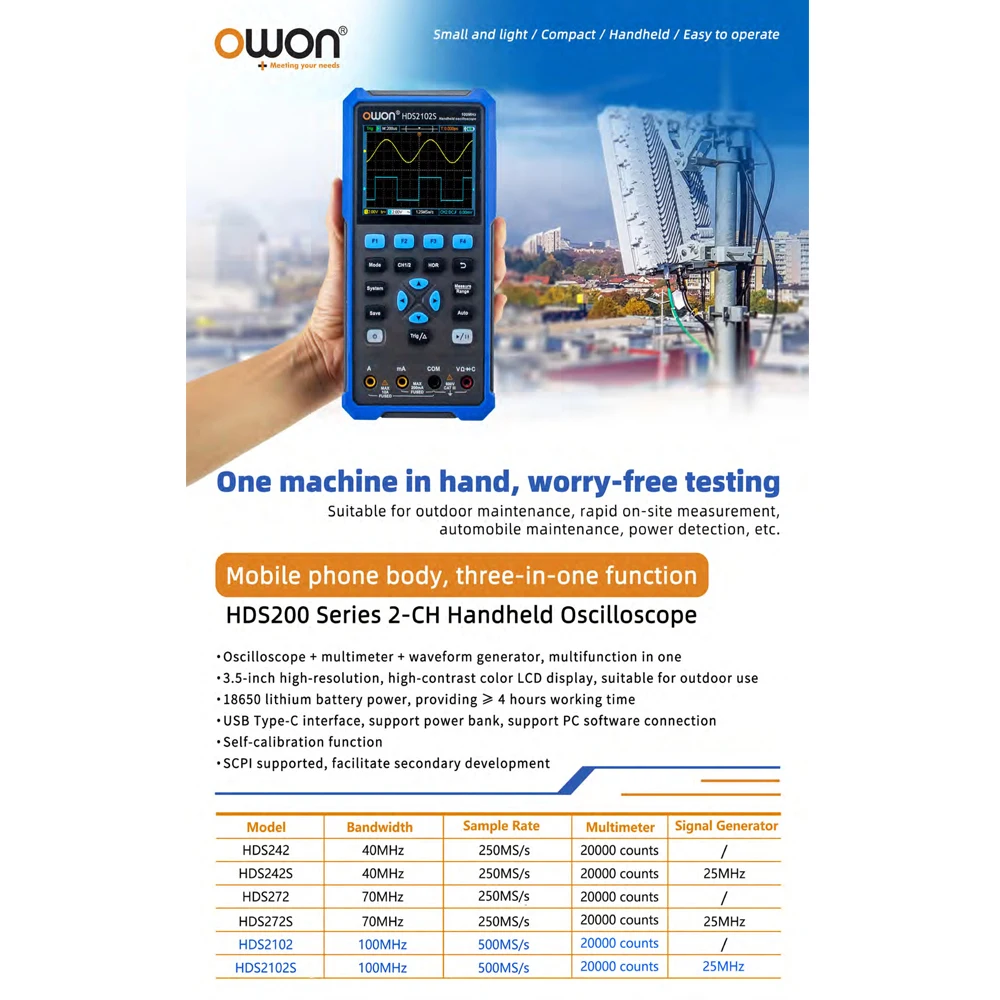 Digital Multimeter Digital Oscilloscope Signal Generator OWON HDS2102S 2CH Handheld Oscilloscope Multimeter Waveform Generator 100MHz 500MS/s Signal Generator 3.5inch USB True RMS Test