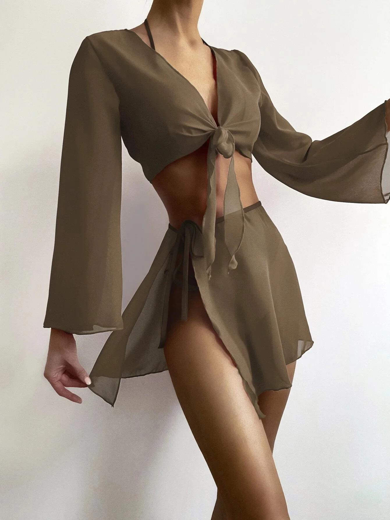 

4pcs/set Solid Halter Bikini Swimsuit Cover Top With Skirt Set Women Swimwear 2023 Summer Beach Bathing Suit