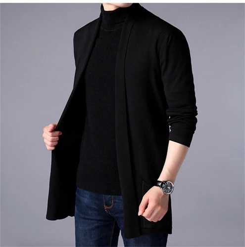 Nuevo suéter largo de primavera para hombre, chaqueta tipo cárdigan de punto extra largo, abrigo de suéter de color sólido