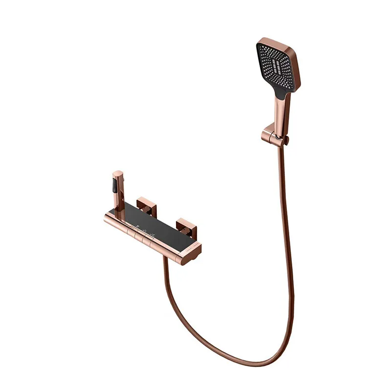 Bathroom Shower Faucet Set Brass Wall Mounted Thermostatic Style Digital Show Waterfall Shower Brush Gold /Rose Gold Finished 6