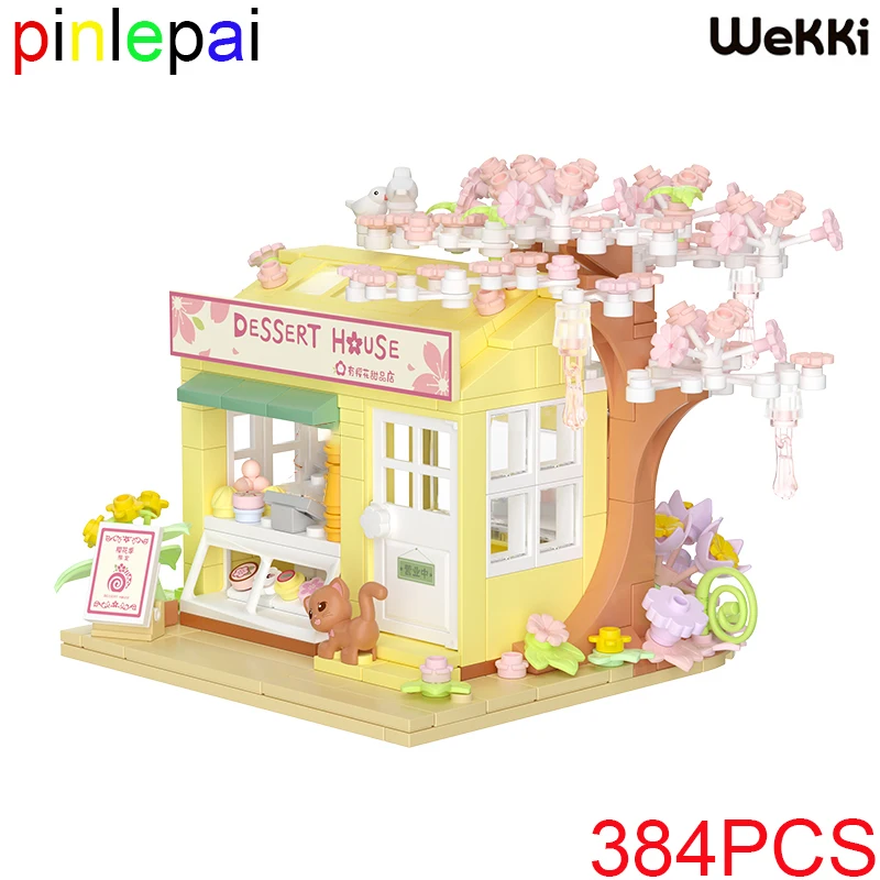 Pinglepai Wekki Sakura Flowers Brick House Blocks Block Build Kit City Street Shop Building Corner Streetview Toy Regalo Modulare