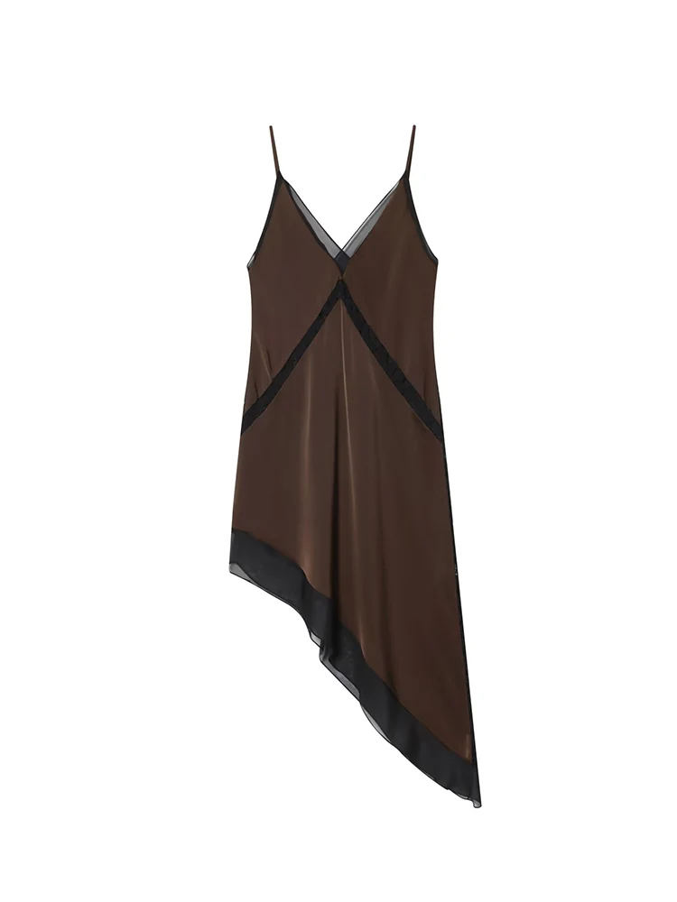 2026 New Women Elegant V Neck Sling Dress Solid Color Soft Satin Irregular Dress Female Chic Hem Asymmetrical Vestidos Dress