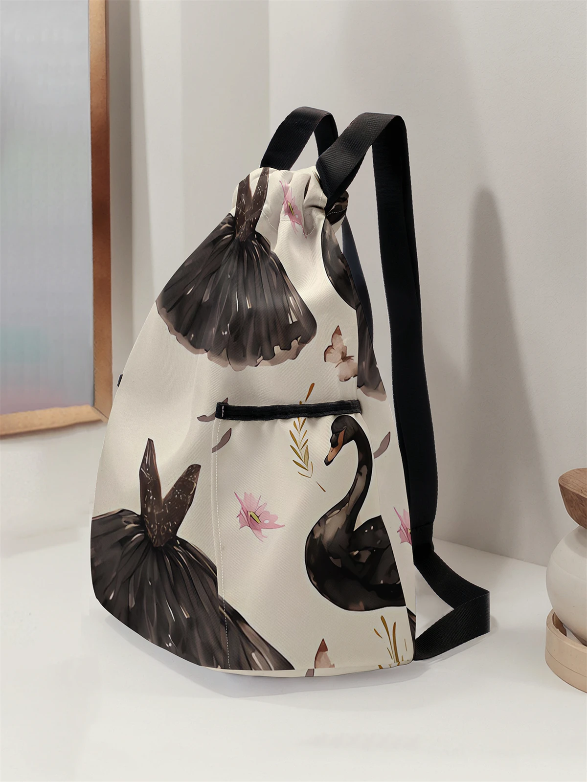 Black Swan Pattern Drawstring Backpack - Large Capacity Durable Fitness Bag, Adjustable Shoulder Straps, Sports Beach Backpack