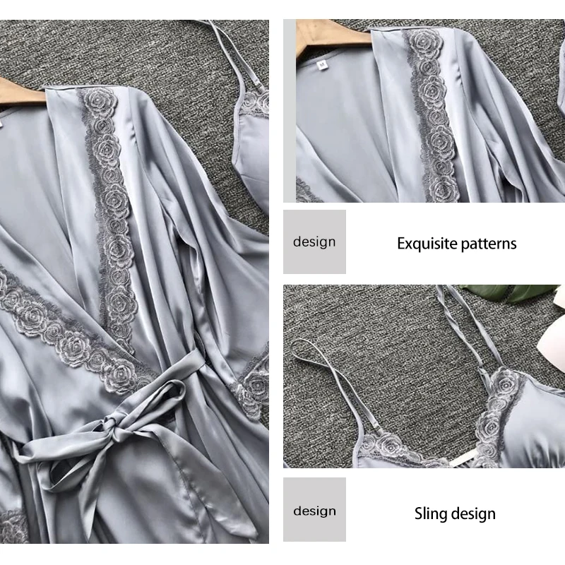 Summer Fashion Pajama Belt Underwear Lace Sexy Solid Embroidered Flower Hanging Pajamas Paired with Outer Robe Pajama Set