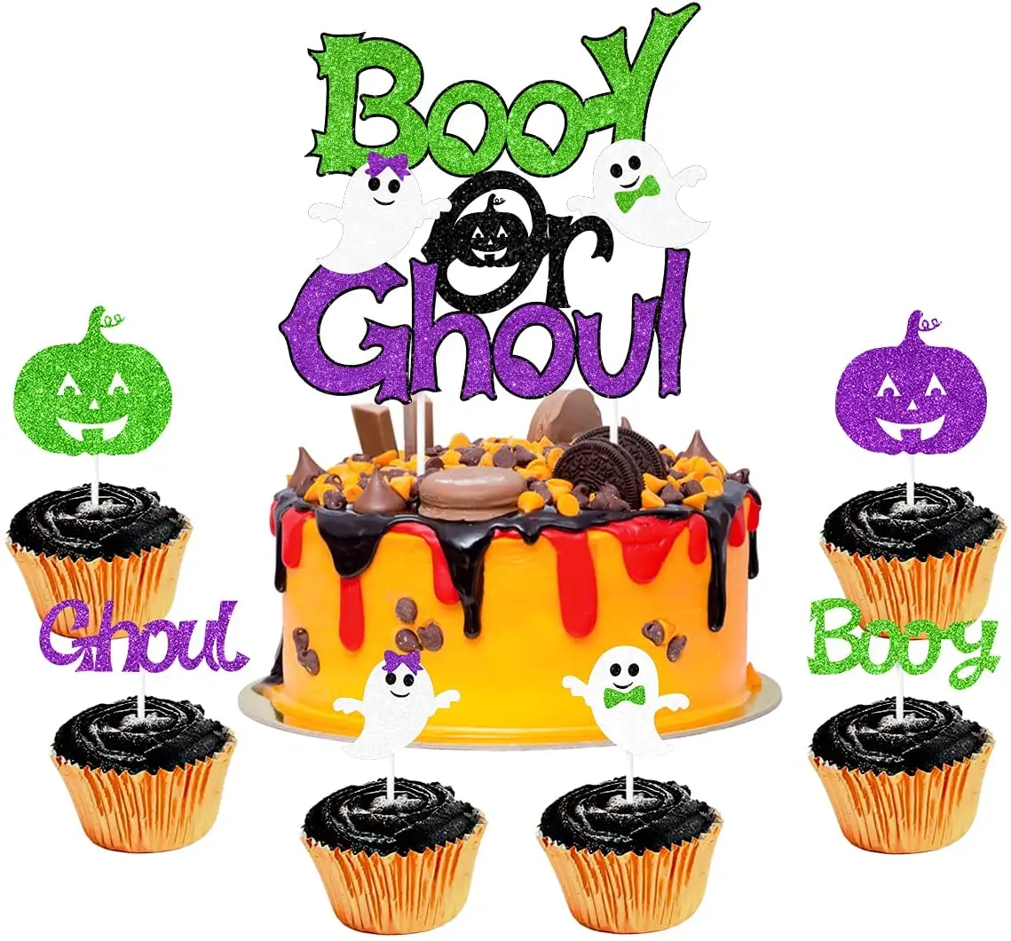 

FANGLELAND Halloween Green Purple Booy or Ghoul Cake Cupcake Topper for Halloween Baby Shower Gender Reveal Party Decorations