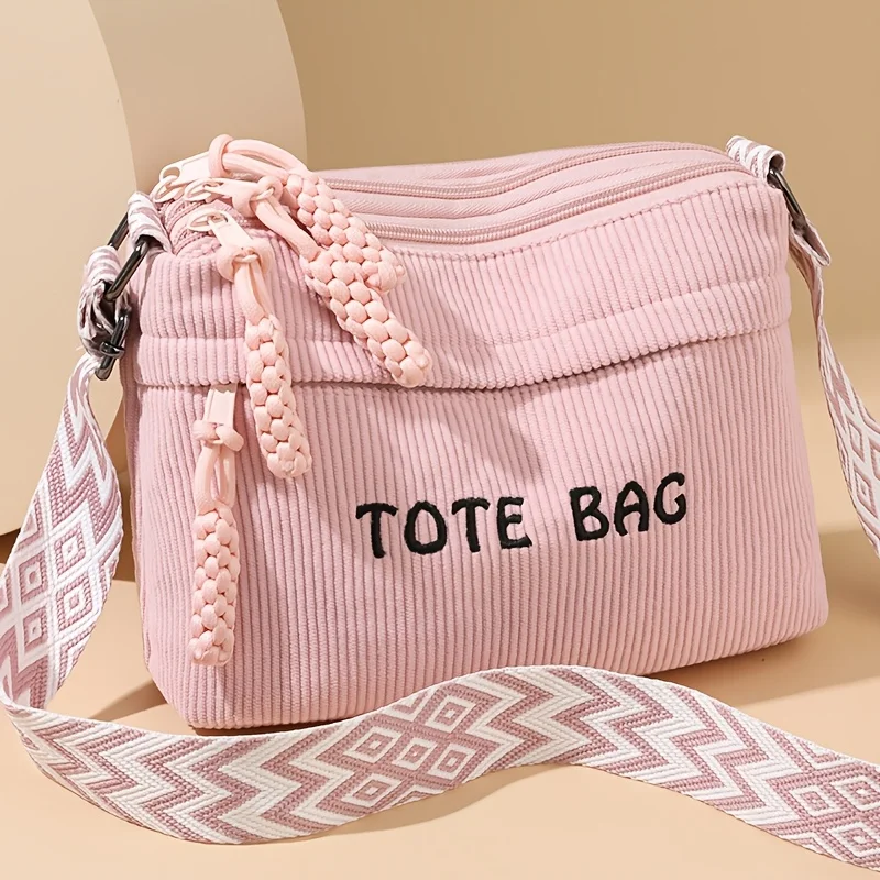 Women's Plush Fleece Tote Bag with Adjustable Strap Corduroy Handbag Shoulder Crossbody Bag Zipper Closure Golden Tone Hardware