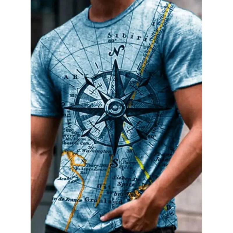 Sea Voyage Series Compass Map Summer Men Sets Short Sleeve o-Shaped Round Neck t-Shirt 3d Printed Leisure Comfortable Trend Tra