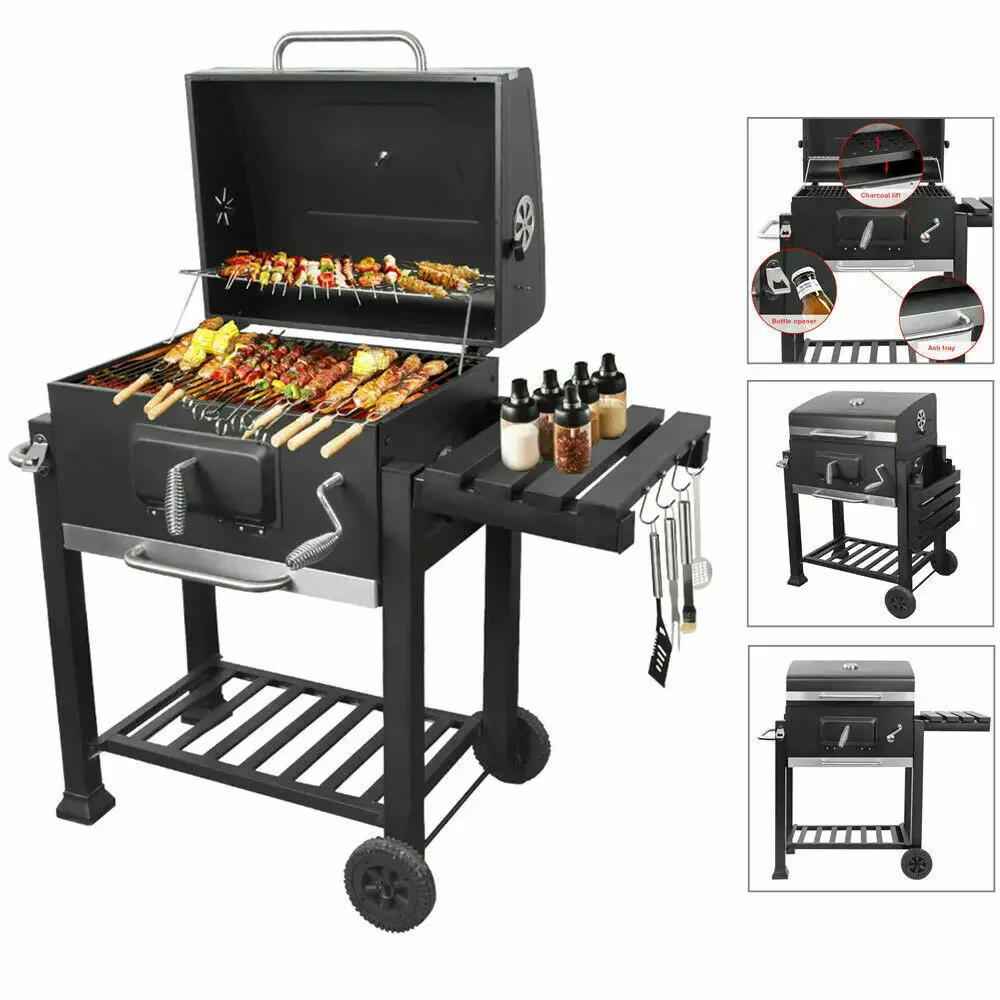 Outdoor Kitchen Barbeque Heavy Durable Smoker Grill Machine Barbecue Trolley Metal Steel Charcoal bbq grills With Skewer