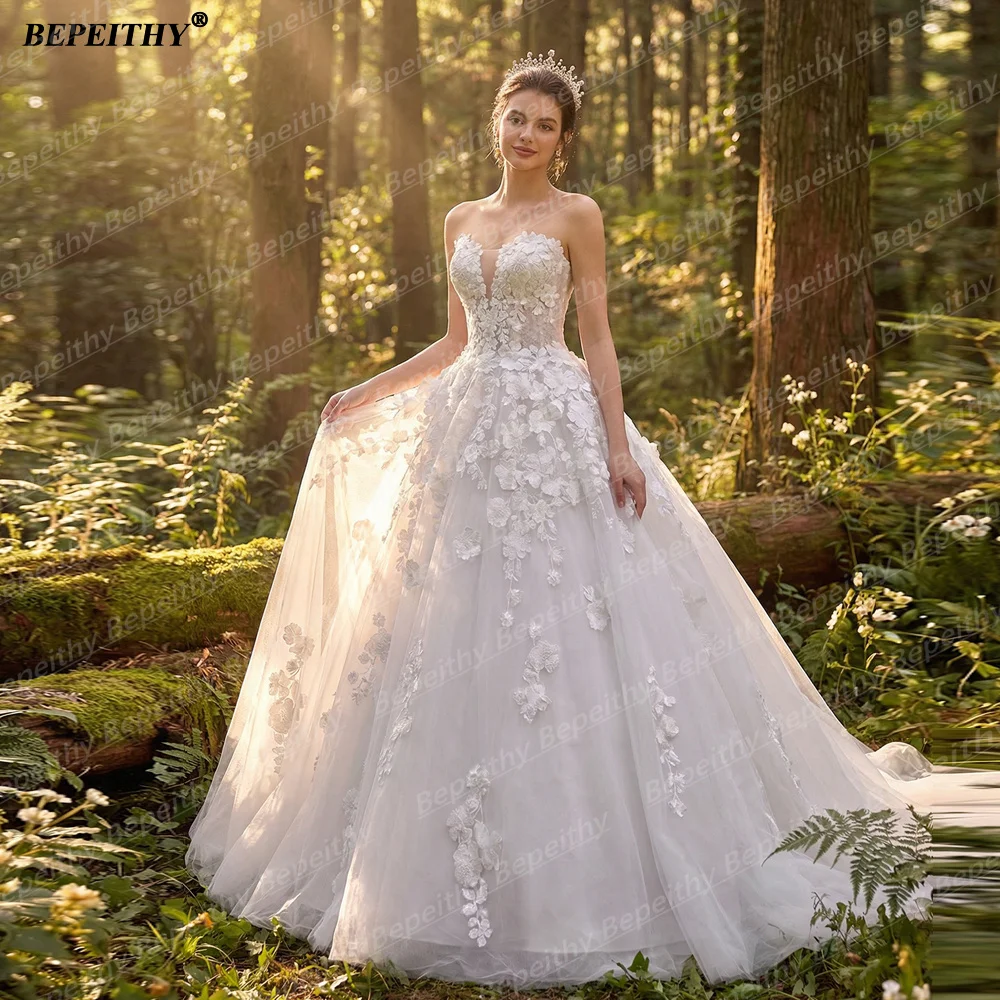 BEPEITHY Customizd Beach Sweetheart A Line Flowers Wedding Dresses For Women Sleeveless Vintage Lace Bride Plus Size Bridal Gown