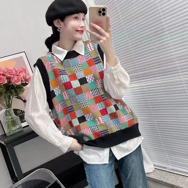 

Женские свитера в клетку, милый кавайный жилет с круглым вырезом и круглым вырезом, вязаный Топ для женщин, графический Y2k, модная Корейская зимняя термоблузка, теплая