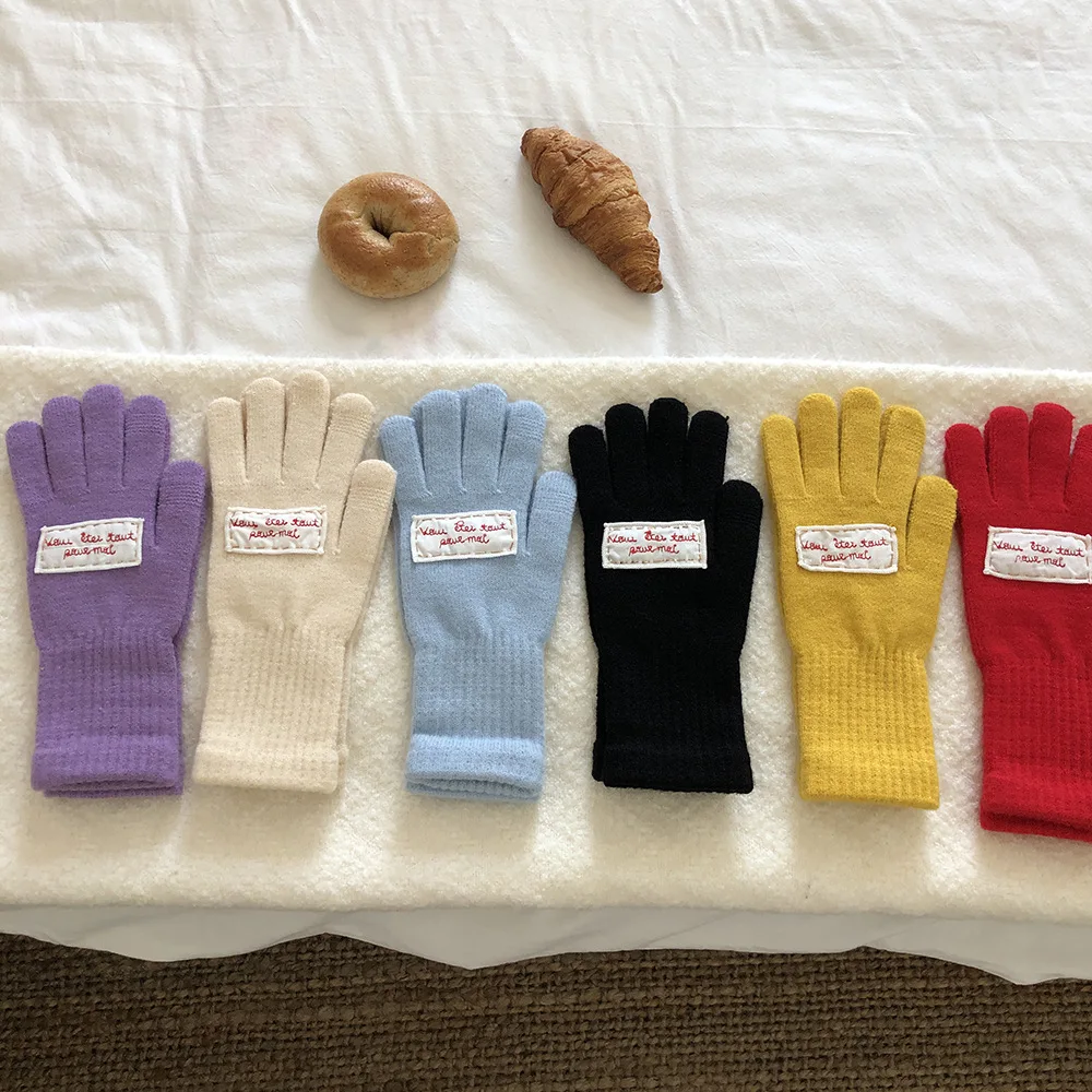 

Luna&Dolphin Women Winter Colorful Mesh Five-finger Gloves Letter Lable Embroidery Wool Thin Finger Points Arm Warmers Girl