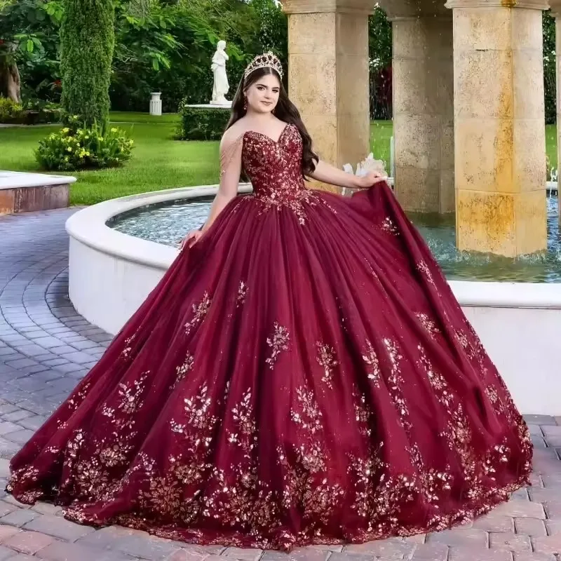 ANGELSBRIDEP Burgundy Ball Gown Quinceanera Dresses Vestidos De 15 Anos Vintage Lace Cinderella Birthday Party Customized