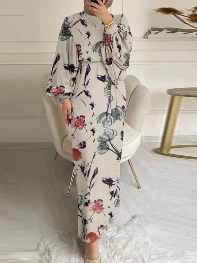 

Hijab Muslim Dress Abaya Dubai Turkey Puff Sleeve Floral Print African Long Dresses for Women Party Islamic Kaftan Robe Vestidos