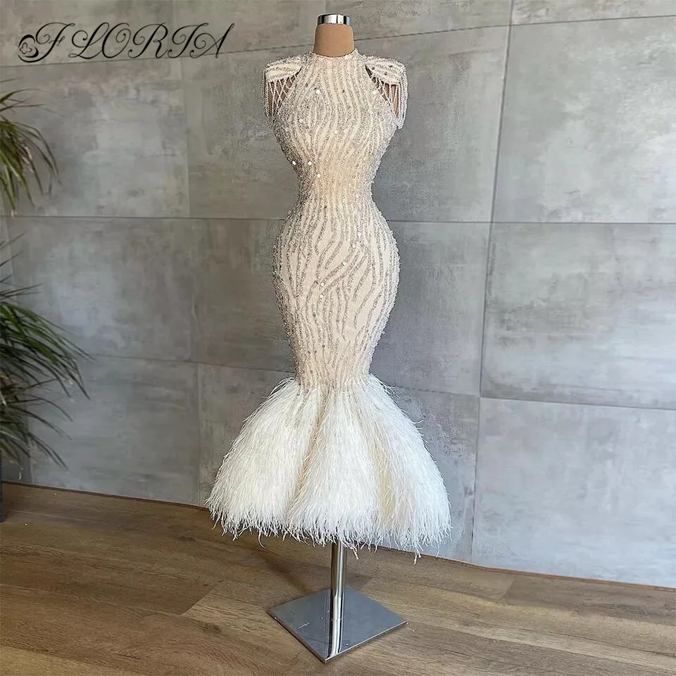 

Haute Couture Crystal Beaded Prom Dress with Cap Sleeves Feather Tassel Tea Length Mermaid Evening Gowns Formal Party Dress 2022