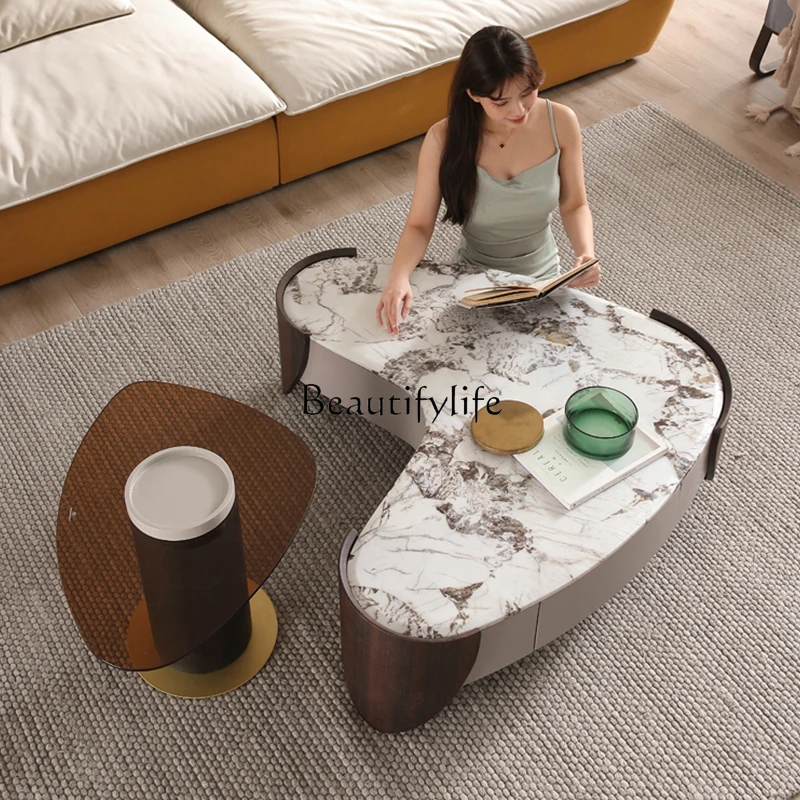 

Italian Minimalist Tea Table Marble Designer Special-Shaped Wooden Irregular Size Tea Table Combination