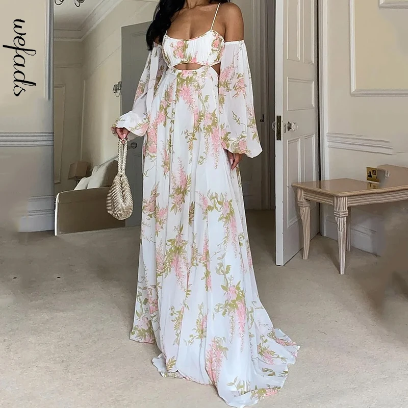

Wefads Maxi Dress Women Elegant Summer Printed Long Sleeve Off Shoulder Sexy Cut Out Lace Up Backless Nipped Waist Long Dresses