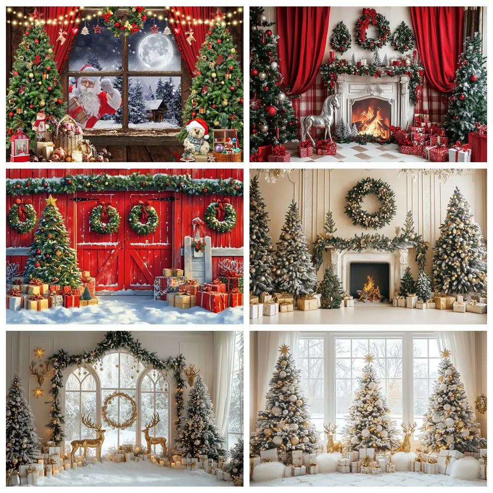 크리스마스 트리 파티 배경 벽난로 창 겨울 양말 선물, 가족 초상화 사진 배경 장식, 사진 스튜디오