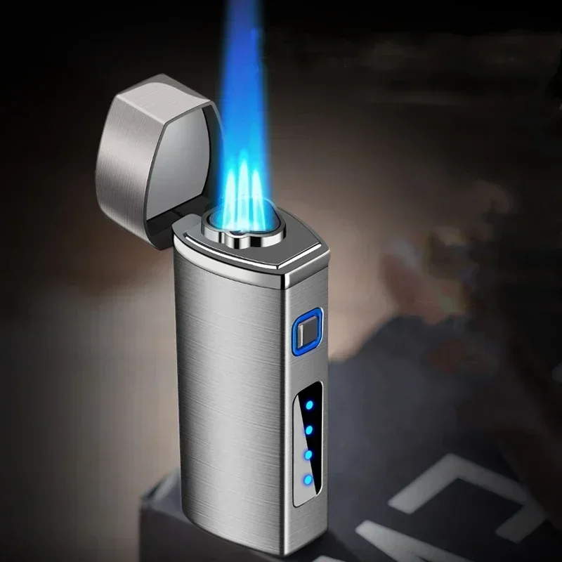 New 2025 touch sensitive metal outdoor windproof Type-C rechargeable portable turbo three torch blue flame jet gas lighter 4