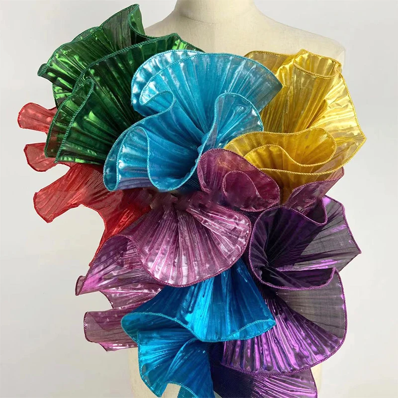 Lace Trim Fabric 2 Yards Glossy Large Wave Colorful Pleated Ruffle DIY Evening Dress Dance Costume Cosplay Sewing Accessories