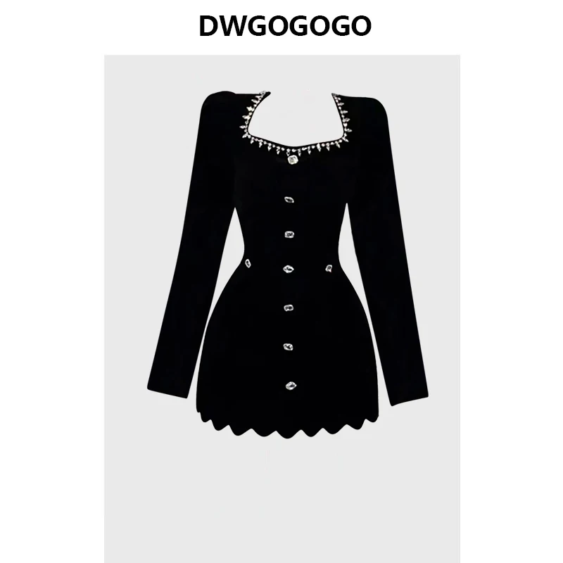 

French Hepburn Style Velvet Studded Diamond Dress 2024 New Temperament Long Sleeve Mini Dress Chic High Street