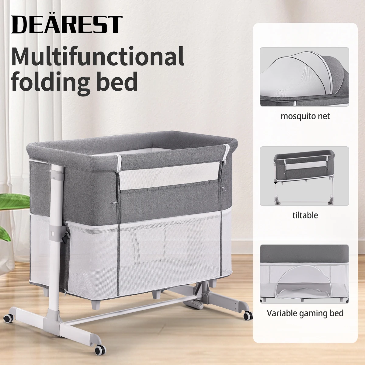 

Multifunctional Crib, Portable Ailent Pulley With Mosquito Net, Folding Bassinet, Height Adjustable, Aluminum Alloy Material