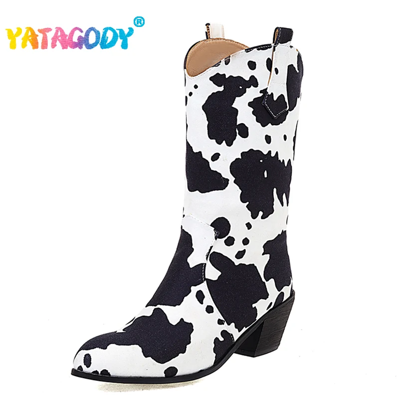

YATAGODY Size 35-48 Women Mid Calf Boots Retro Chunky High Heels Shoes For Women Winter 2023 Western Cowboy Boots For Cowgirl