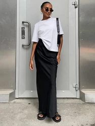 Mumaroho 2023 Summer Autumn Women Casual Bodycon Satin Skirts Solid Black High Waist Pencil Slim Maxi Skirt For Women