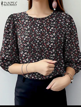 Elegant Women Floral Printed Blouse ZANZEA Summer Autumn Fashion Shirt 3/4 Sleeve Work Tops Casual O Neck Blusas Tunic Oversize