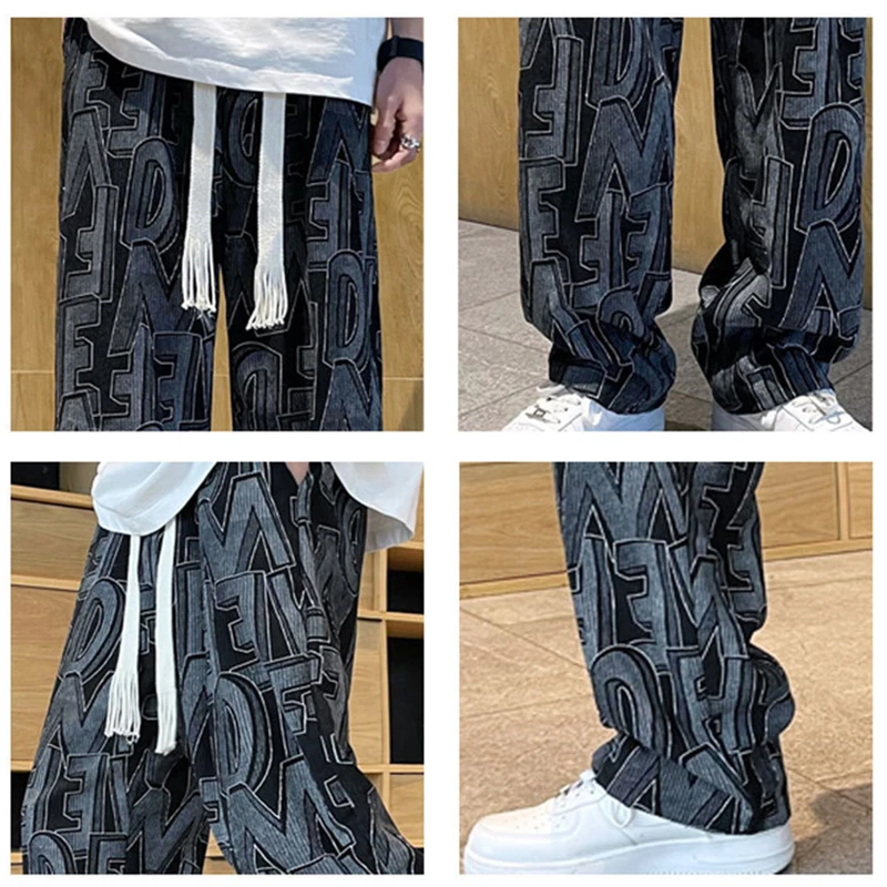 Jesień Streetwear Allover spodnie z nadrukiem sznurkiem Preppy Casual męskie Baggy pantalones Hip Hop proste spodnie dresowe luźne spodnie