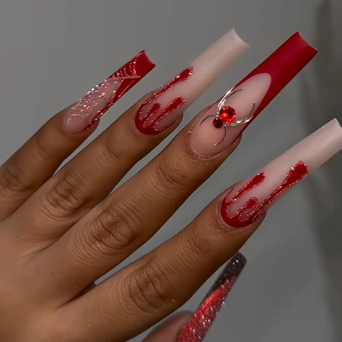 24pcs Long Ballet French Press on Nails Halloween Glitter Red Crystal Spider Design Fake Nails Wearable European False Nails 1 24pcs Long Ballet French Press on Nails Halloween Glitter Red Crystal Spider Design Fake Nails Wearable European False Nails