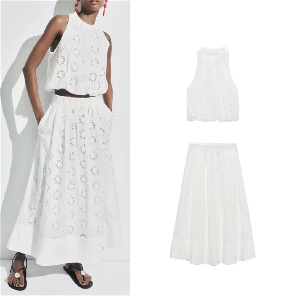 

Women Sleeveless Hollow Out Vest Top and MIDI Skirts two Piece Set Summer White Embroidery Loose A-Line Skirt Elegant Streetwear