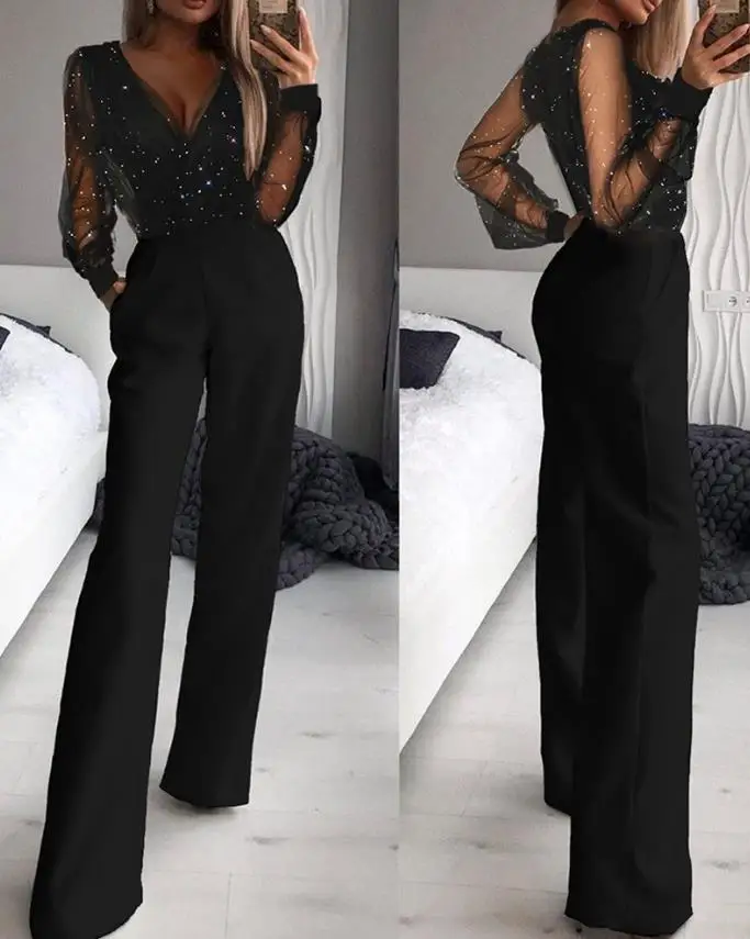 Woman 2023 Fashion Casual Simple Long Jumpsuits Elegant Sexy Glitter Contrast Mesh Straight Leg Temperament Commuting Jumpsuit elegant women jumpsuits 2023 autumn deep v neck long sleeve sheer mesh patch long sleeve high waist rompers jumpsuit office lady