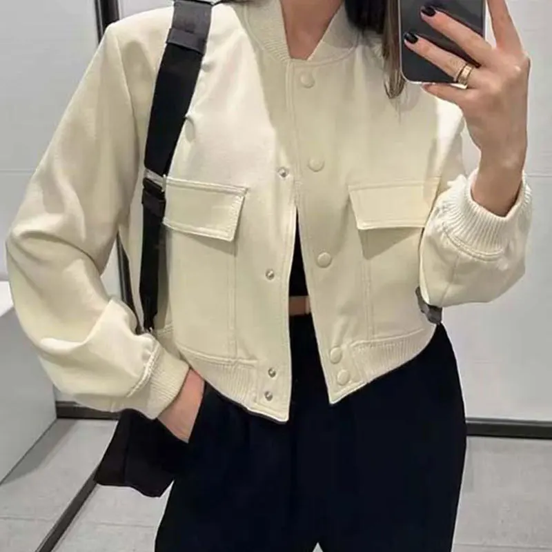 

Vintage Women Fashion with Pockets Bomber Jacket Coats Long Sleeve Front Button Casual Female Outerwear Chic Tops