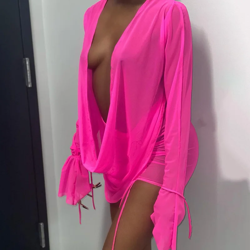 

Women Party Nightclub Outfits Two Pieces Set See Through Long Sleeve Club Bodycon Dresses Sexy Deep V-Neck Mini Mesh Dress